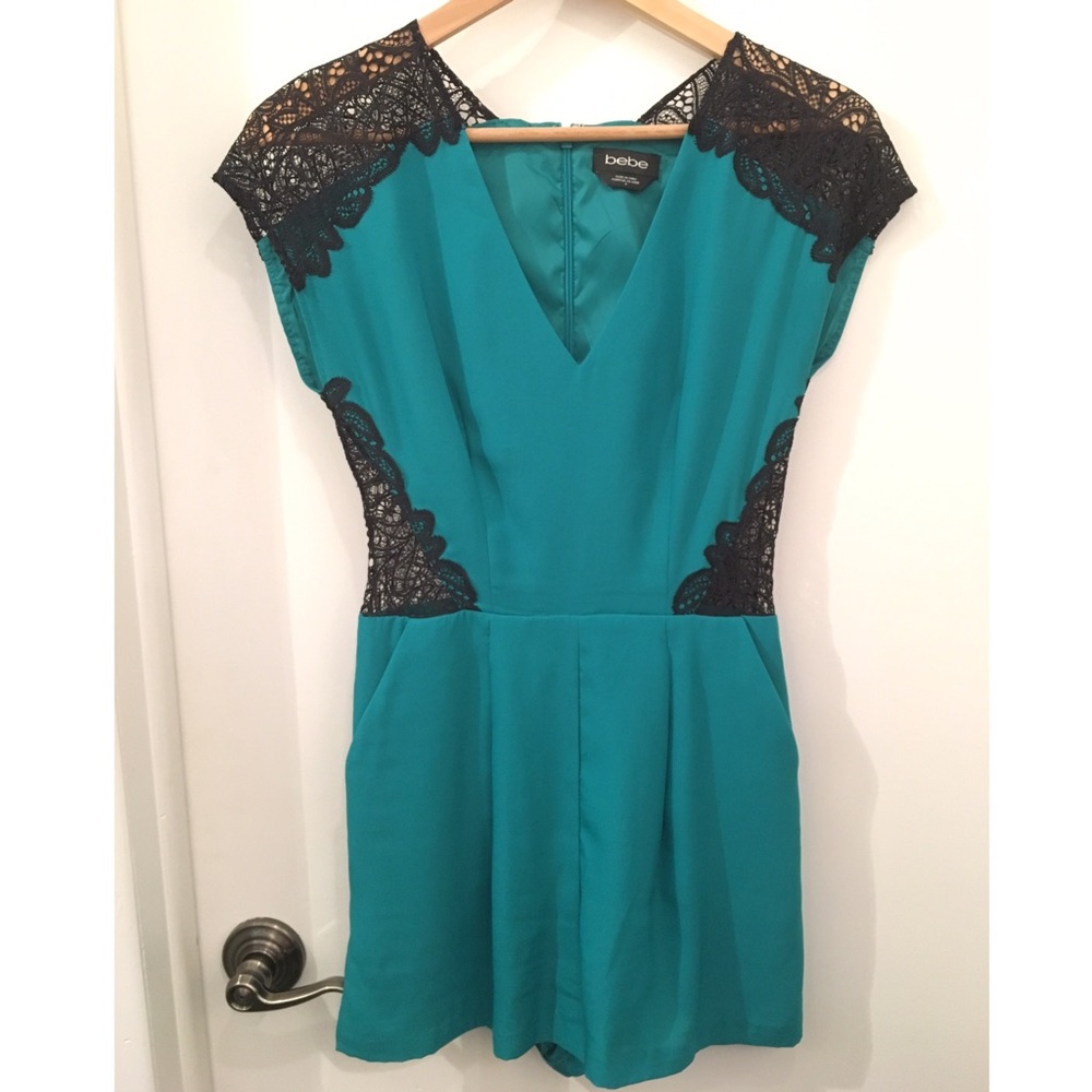 bebe Teal Romper with Black Lace Trim